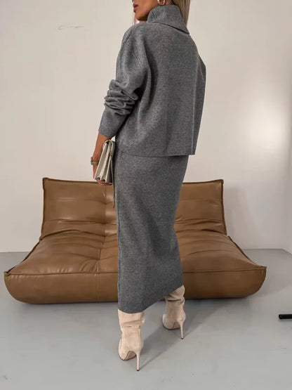 Ensemble Élégant d’Hiver pour Femme – Pull Col Roulé et Jupe Midi